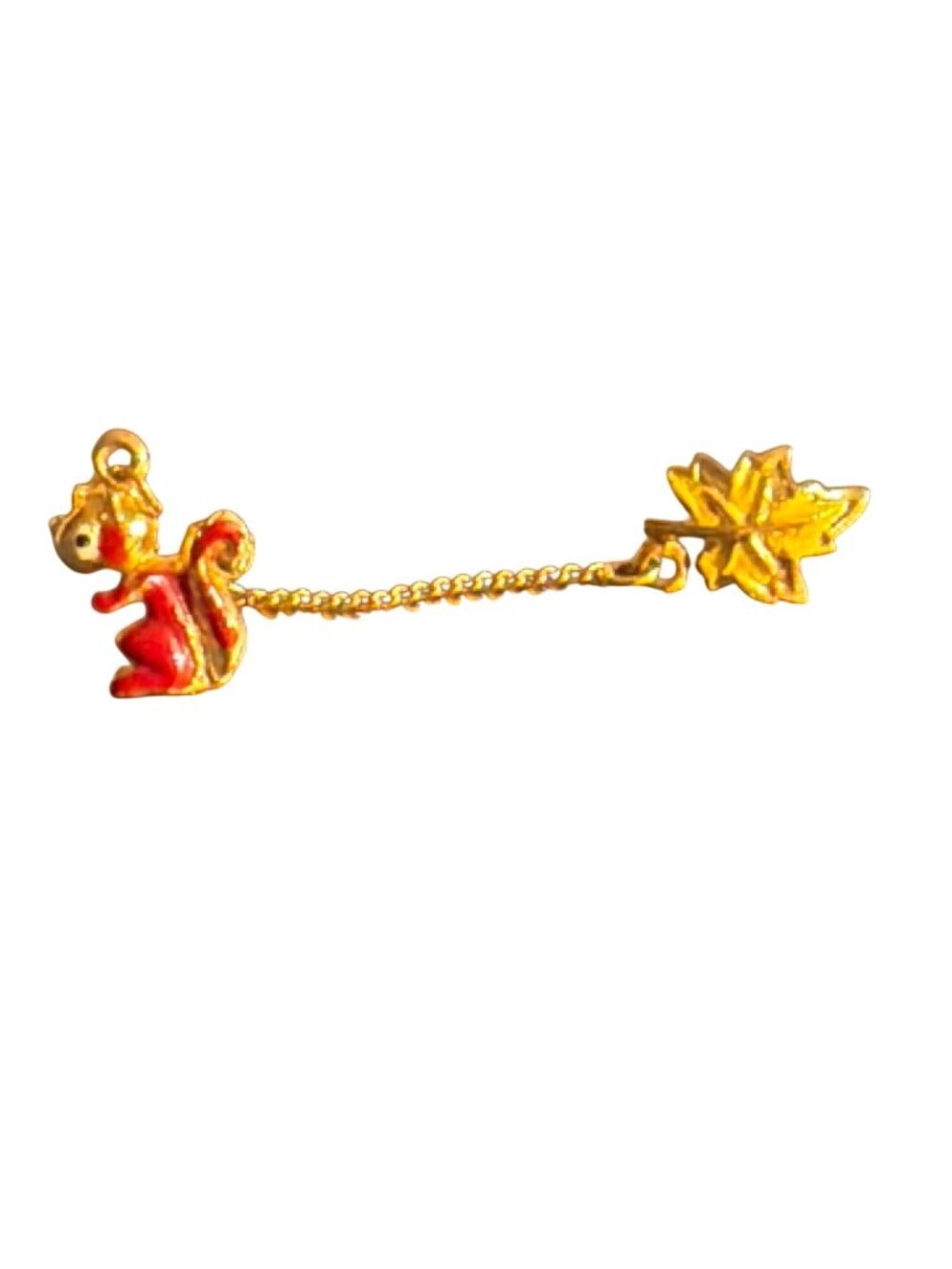 Vintage Gold Tone Squirrel Leaf Connector Brooch Pin Red Yellow Enamel Estate 3"